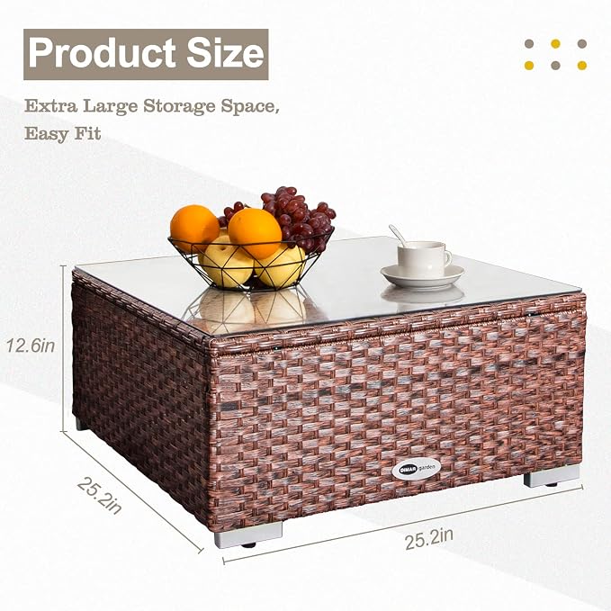 DIMAR GARDEN Outdoor Coffee Table Wicker Patio Side Table with Glass Top, 25.2in Mixed Brown