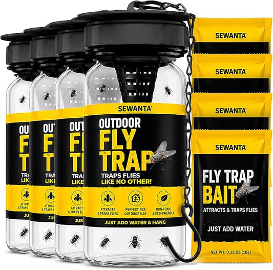 Outdoor Fly Trap [4 Pack] Fly Traps Outdoor with Dissolvable Non-Toxic Bait - Fly Repellent for Outdoor Use Only - Controls Flies for Patios, Barns, Ranches Etc. Hanging Fly Traps with Tie Included