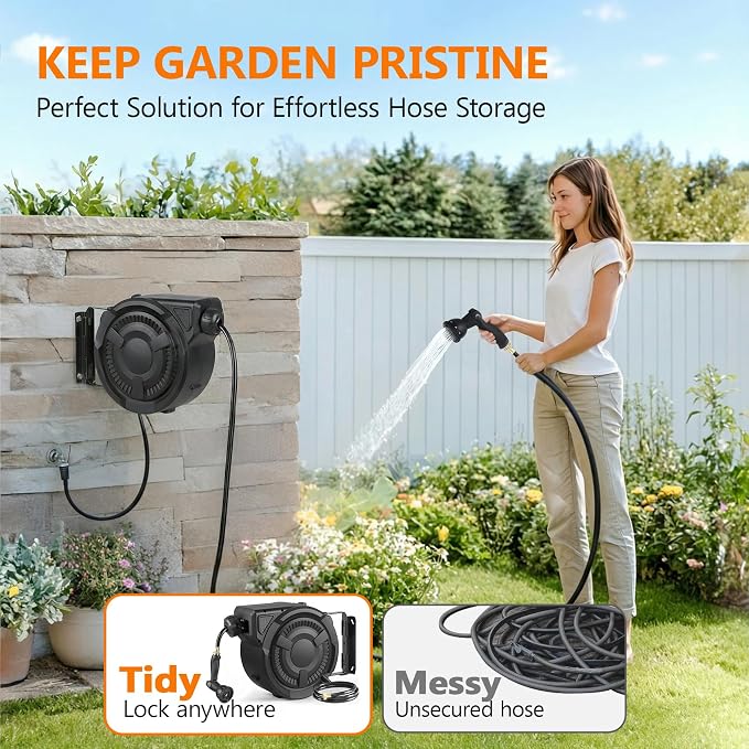 wikiwiki Retractable Garden Hose Reel 1/2 in x 50 ft, Heavy Duty Wall Mounted Hose Reel with 10- Function Sprayer Nozzle, Automatic Slow Return System/180°Swivel Bracket/UV Resistant (Black)