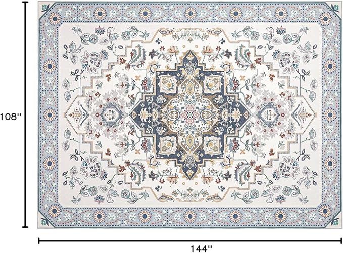 Phantoscope Washable Area Rug 9'x12' Non-Slip, Vintage Boho Rugs for Living Room, Bedroom, Dining Room, Persian Floral Medallion Pattern, Low-Pile Foldable Floor Carpet, Ivory Blue/Garden Bloom