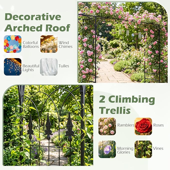Giantex Metal Garden Arbor with Flat Top Roof, 85" Heavy Duty Outdoor Arch Trellis with Pointed Legs for Climbing Plants, Decorative Wedding Archway for Backyard, Lawn, Party Backdrop