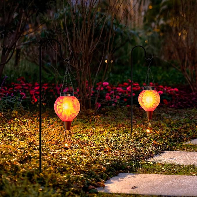 2PC Hot Air Balloon Solar Lantern with Flame, Pink Glass Balloon Lantern Lights Outdoor Waterproof, Hanging Solar Lights for Outside Garden Yard Patio Tree Porch Gift for Women Lovers Mom