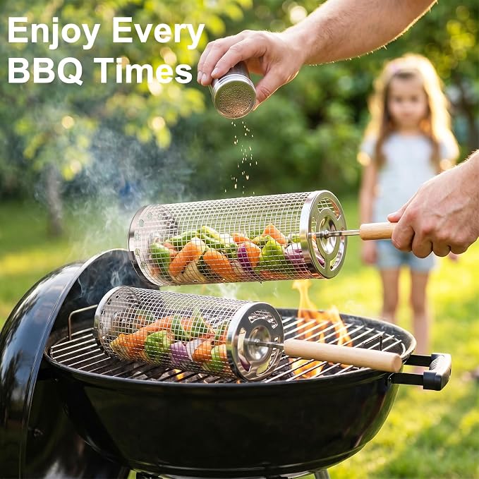 Rolling Grill Baskets 2PCS, Removable Wooden Handle 304 Stainless Steel Nesting BBQ Tools Outdoor Camping Grilling Accessories Tools for Vegetables Meat Food, Birthday Gifts for Men Husband