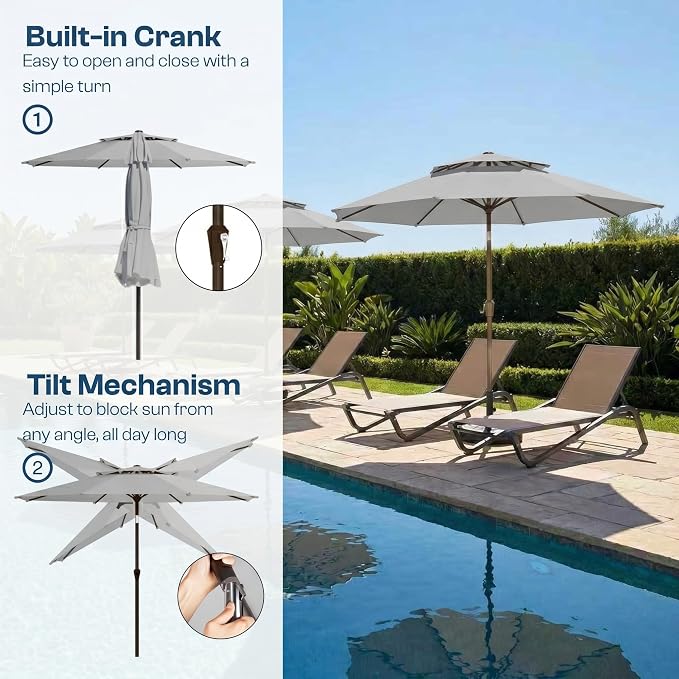 10FT Patio Umbrella, 2 Tier Outdoor Table Umbrella, Large Vented Market Umbrellas with Push Button Tilt and Crank, 8 Sturdy Ribs for Backyard, Deck, Pool, UPF50+ UV Protection