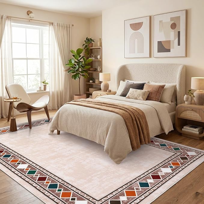 Garvee Large Area Rug 10x13 Rugs Vintage Border Washable Rug, Beige | Boho Area Rug Stain Resistant Easy Cleaning Throw Rugs Low Pile Floor Cover for Nursery Dining Room Apartment