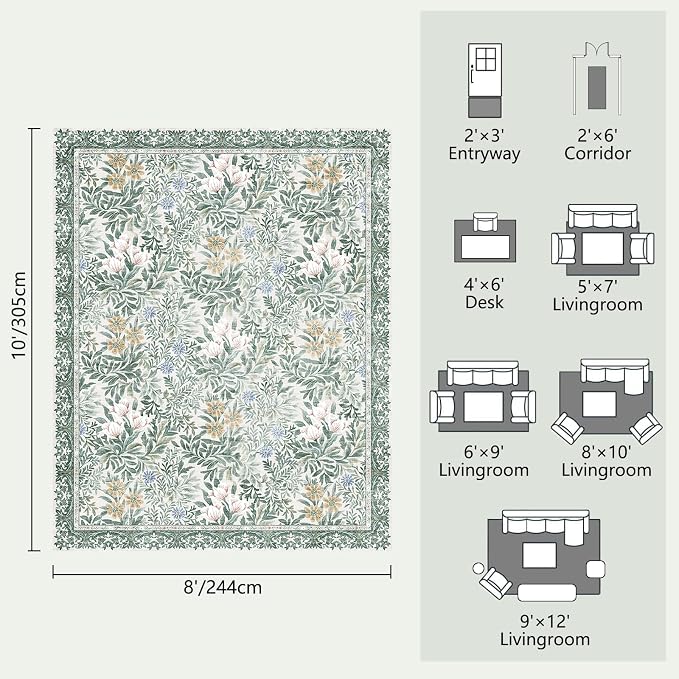 Botanical Floral Area Rug 8x10 Light Green Cream Vintage Garden Design, Perfect for Living Room, Bedroom, Kids Room, Nursery - Stain & Water Resistant Non-Slip, Pet & Child Friendly Area Rugs