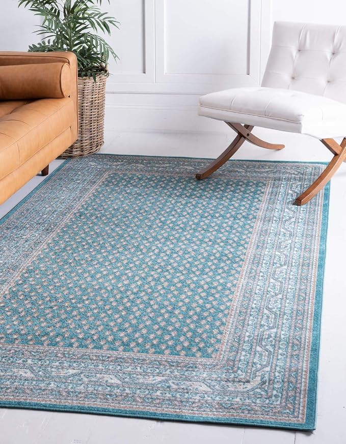 Unique Loom Williamsburg Collection Traditional Border with Dotted Center Area Rug, Rectangular 5' 1" x 8' 0", Teal/Beige