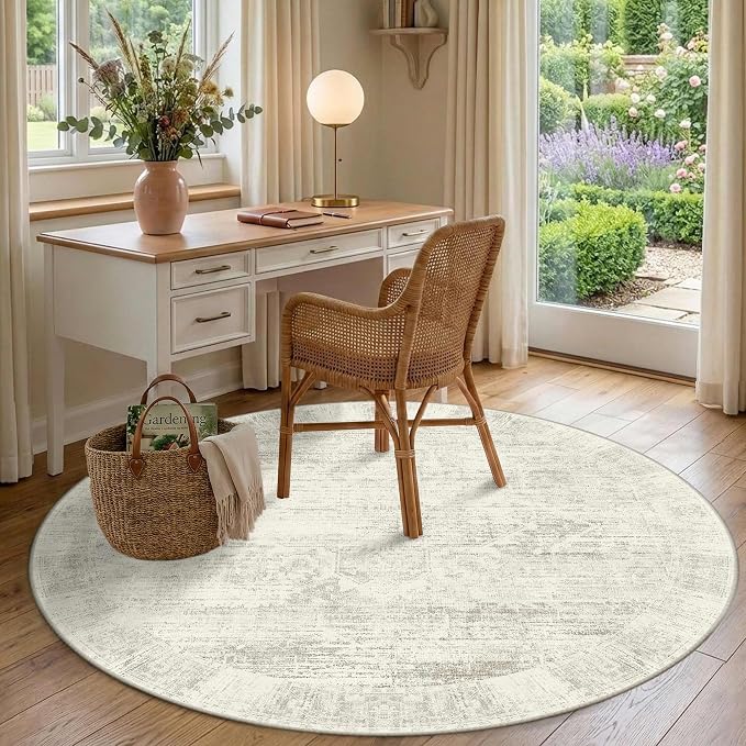 Latte&Fog 6ft Round Area Rug forBedroom Washable Circle Neutral Ivory Rug | Non Slip Low Pile Soft Floral Indoor Carpet for Living Room Kids Playroom Nursery Classroom Dorm Decor Dining Kitchen Office