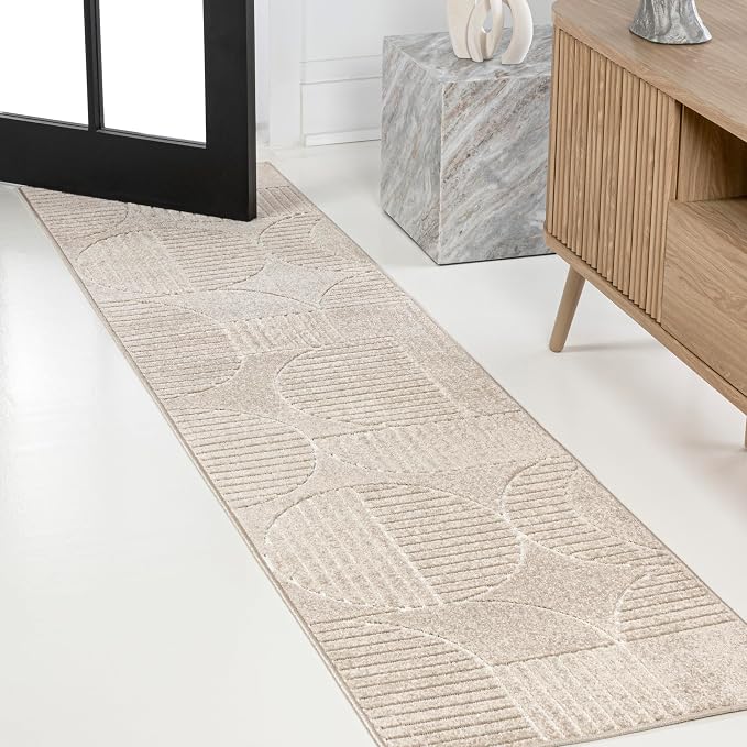 JONATHAN Y Nordby High-Low Arch Striped Indoor/Outdoor Runner Rug, 2x8, Beige/Cream, for Patio, Backyard, Living Room, Bedroom, Office, Hose-Washable (SCN104E-28)