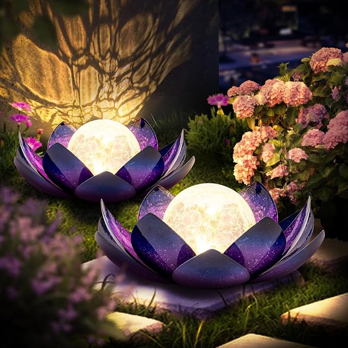 Huaxu Solar Lights Outdoor Decor, Purple Lotus Flower Light, Waterproof LED Crackle Globe Glass Lamp for Garden, Patio, Yard, Porch, Pathway, Ground, Tabletop Gifts for Mom,Women