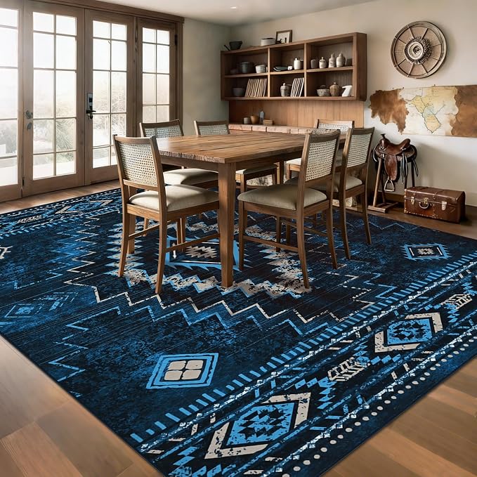 Yinhua Living Room Rug 6x9, Western Washable Area Rug for Bedroom | Aztec Blue Rugs Non-Slip with Rubber Backing, Soft Non-Shedding Carpet for Office Nursery