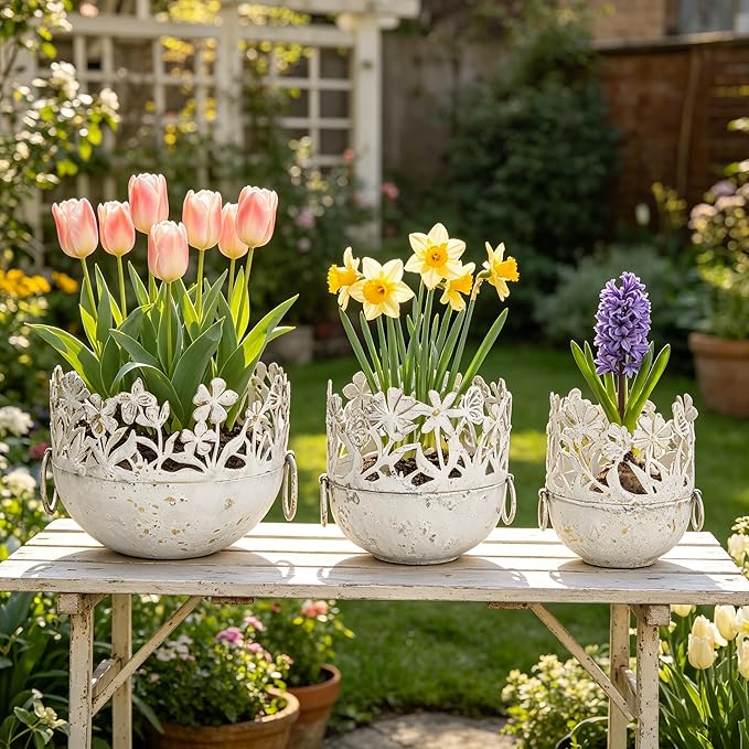 3 Piece Vintage Metal Planter Set, Rustic Distressed Farmhouse Flower Pots with Handles for Indoor Outdoor Garden, Tabletop Centerpieces & Wedding Decor