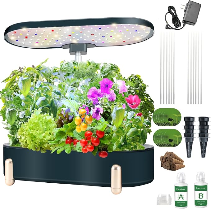 Hydroponics Growing System Indoor Garden:12 Pods Plant Kit Aeroponic Herb Vegetable Growth Lamp Countertop with LED Grow Light, Adjustable Height Up to 20.47inch (Blackish Green, One-Size)