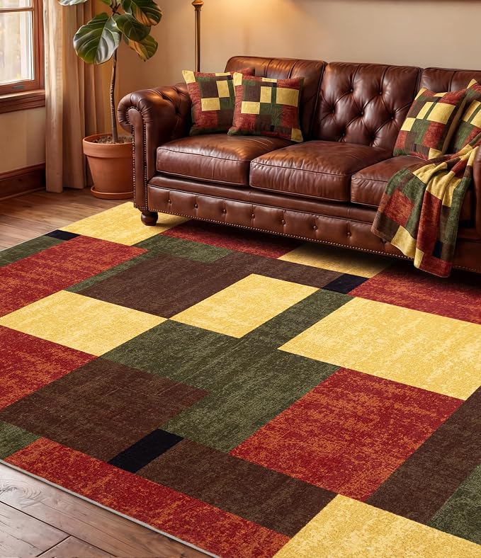 Red and Green Rug 5x7, Burgundy Farmhouse Vintage Rugs Washable for Living Room,Burnt Orange Area Rug Non Slip,Geometric Boho Area Rug for Kitchen,Dining Room,Bedroom