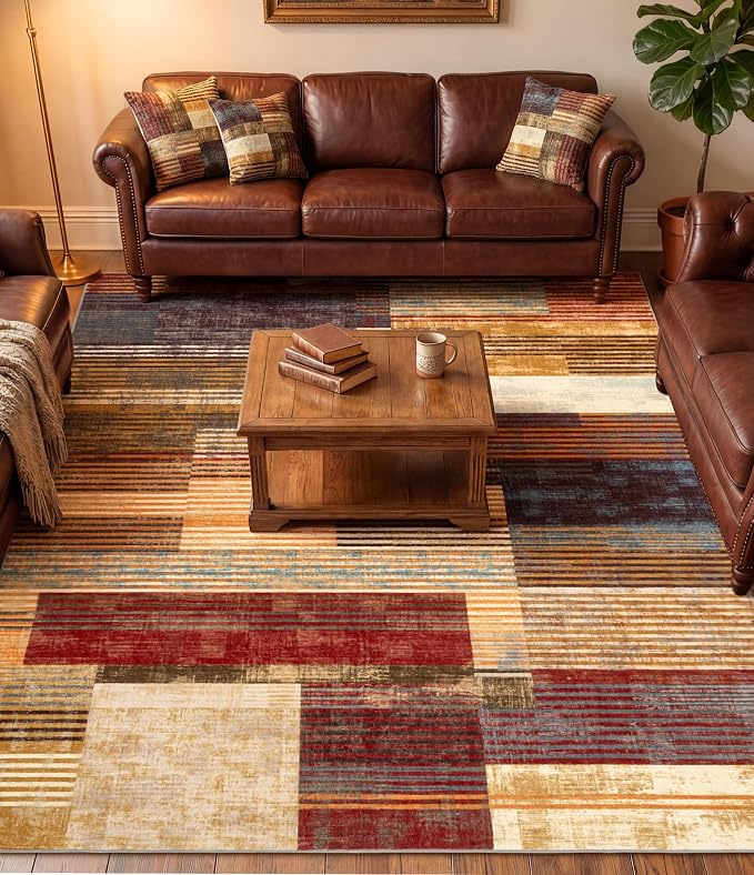 Brown Area Rug 6x9, Farmhouse Rugs Washable,Vintage Burgundy Carpets for Bedroom,Burnt Orange Area Rug Non Slip,Geometric Boho Rug for Kitchen,Dining Room