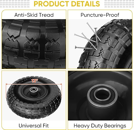 TICONN 4.00-6 Tire and Wheel Flat Free, 4 Pack 13" Solid Tires with 5/8" Axle Bore Hole and Double Sealed Bearings, Perfect for Wheelbarrow, Garden Cart, Wagon, Dolly (Black, 4PK)