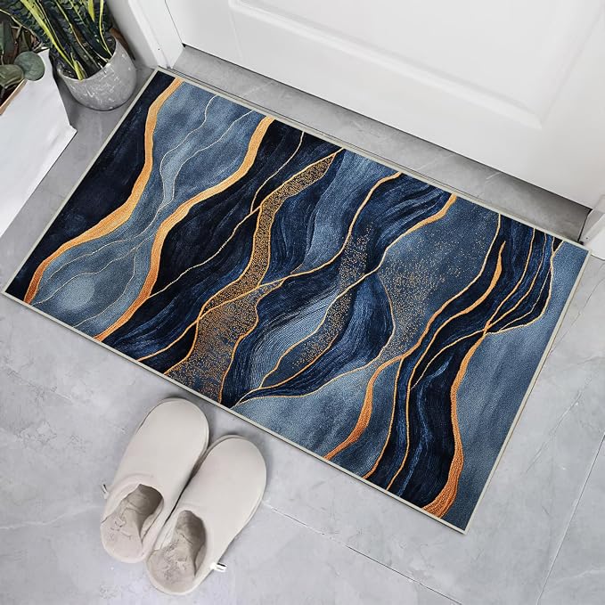 Abstract Area Rug Washable 2x3 Rugs for Living Room Bedroom Modern Navy Blue and Gold Non-Slip Soft Floor Large Carpet for Office Entryway Bathroom
