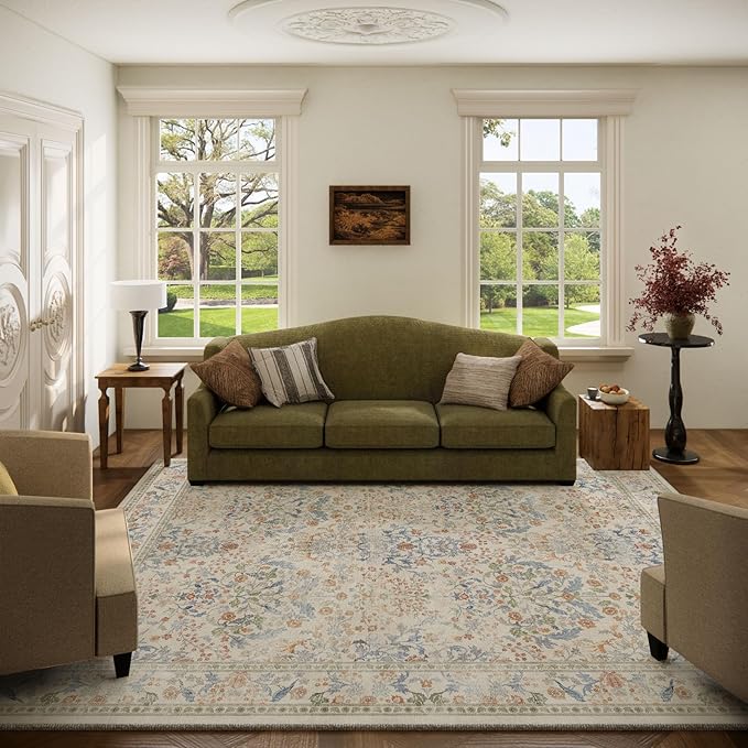 Washable Area Rugs for Living Room: 5x7 Bedroom Rug Vintage Area Rug Stain Resistant Non Slip Low Pile Lightweight Soft Carpets for Dining Room Kitchen Nursery Kids Room Farmhouse Indoor