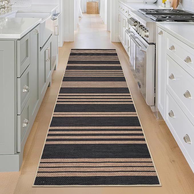 Garvee 2x6 Easy Jute Kitchen Rugs Washable Rugs for Hallway, Black & Brown | Modern Line Print Area Rug Stain Resistant Easy Cleaning Throw Rugs Low Pile Floor Cover for Bedroom Laundry