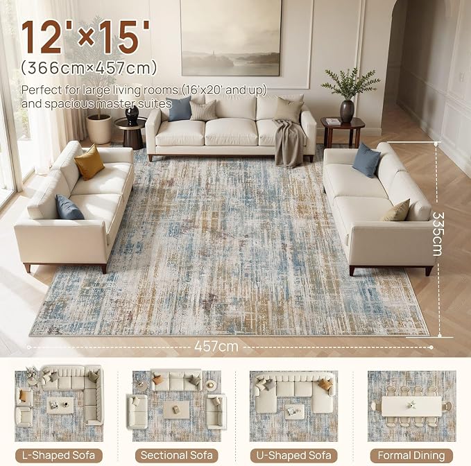 UERMEI 12x15 Area Rug for Living Room Washable Abstract Blue Brown Carpet | Extra Large Soft Low Pile Stain Resistant Non Slip Kid Pet Friendly Open Floor Plan Rug For Bedroom Dining Office
