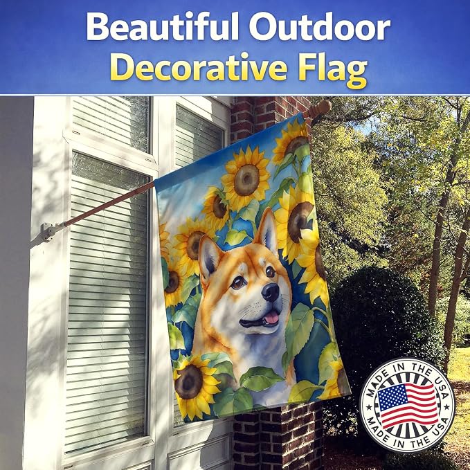 Caroline's Treasures DAC6161CHF Shiba Inu in Sunflowers House Flag Large Porch Sleeve Pole Decorative Outside Yard Banner Artwork Wall Hanging, Polyester, House Size, Multicolor