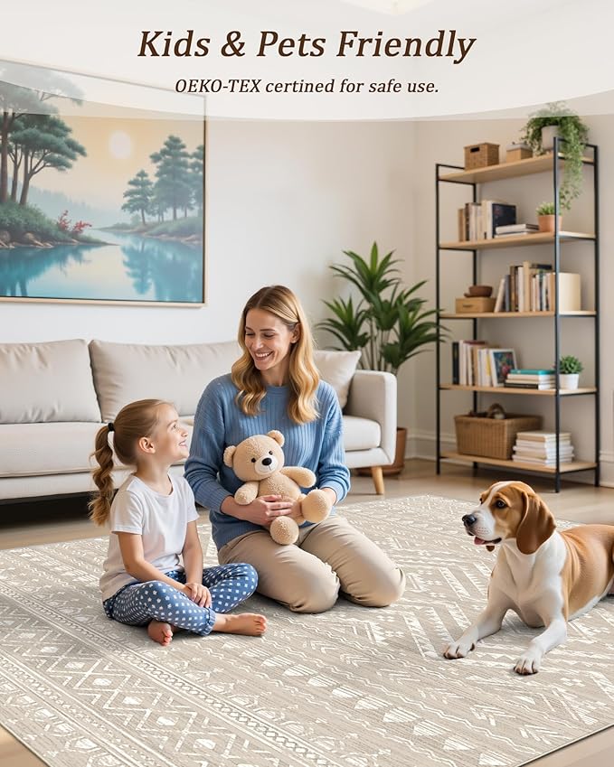 Miukiki 6x9 Area Rug Washable Non Slip Rug for Living Room Brown | Soft Low Pile Washable Area Rug Bedroom Dining Room, Stain Resistant Carpet with Easy Care Design 6'x9'
