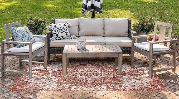 Unique Loom Jill Zarin Outdoor Collection Area Rug - Dubai (5' 3' x 8' Rectangle, Rust Red/ Ivory)