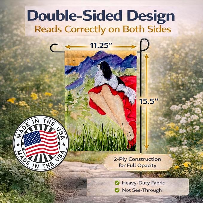 Caroline's Treasures SS8524GF Lady with her Japanese Chin Garden Flag Mailbox Flag Decorative Yard Flag Banner Outside Patio Artwork Yard Flower Beds, Garden Size, Multicolor
