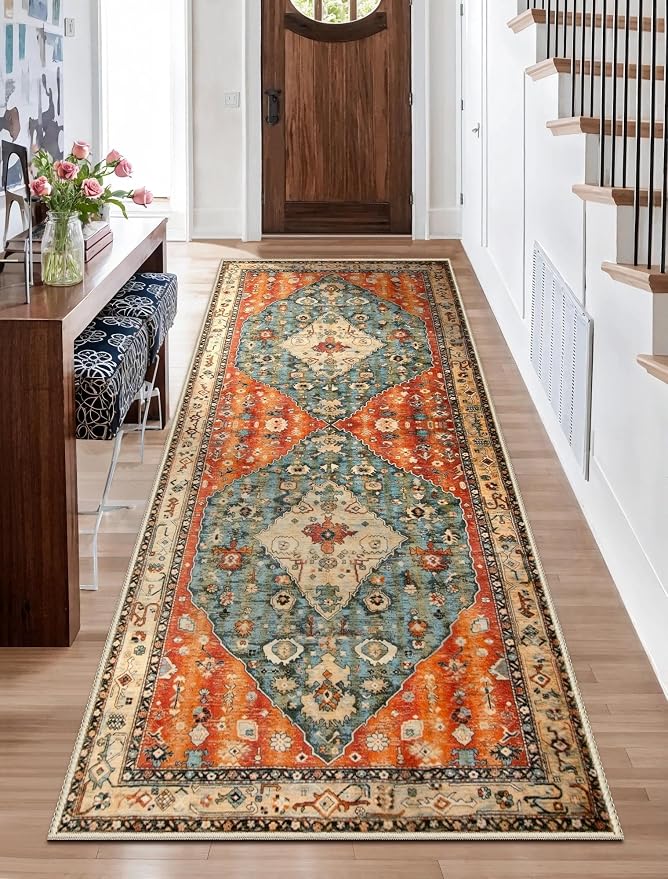 SERISSA 2'6"x8' Washable Non Slip Boho Runner Rug for Hallway | Ultra Soft Vintage Oriental Carpet Low-Pile Distressed Tribal Floor Carpet for Kitchen Bedroom Bathroom Laundry Room