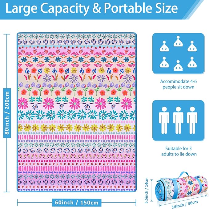 Floral Picnic Blankets Waterproof Foldable, 60″X80″ Packable Picnic Mat Flowers Outdoor Blanket for Grass, Large Beach Blanket Sandproof Picnic Accessories for Camping Music Festival Park Lawn Travel