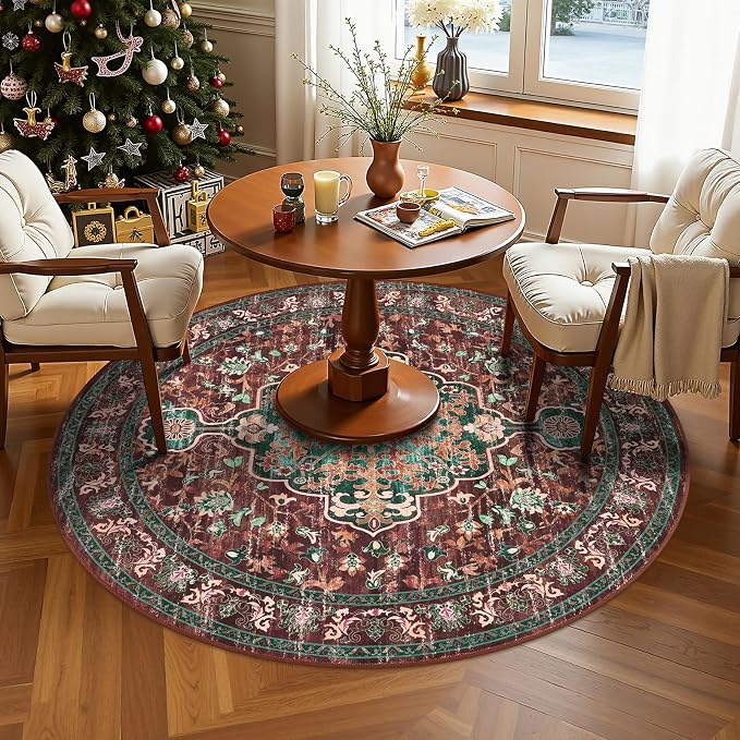 U'Artlines Boho Round Area Rug 4ft Machine Washable Carpet, Rust＆Teal | Vintage, Low Pile, Non Slip, Ultra-Thin Soft Floor Carpet, Circle, Accent Rug for Living Room Bedroom Dining Room Office
