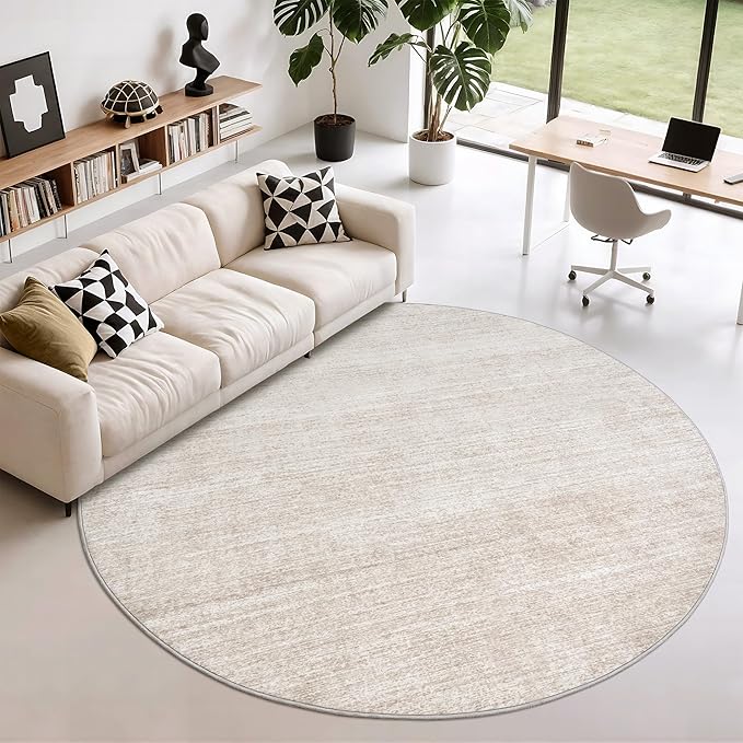 Valenrug Round Rugs 6ft, Circle Washable Area Rugs for Living Room, Beige | Soft Low Pile, Thin & Lighweight Non Slip Carpet, Folable Stain Resistant Modern Indoor Floor Mat for Bedroom, Dining Room