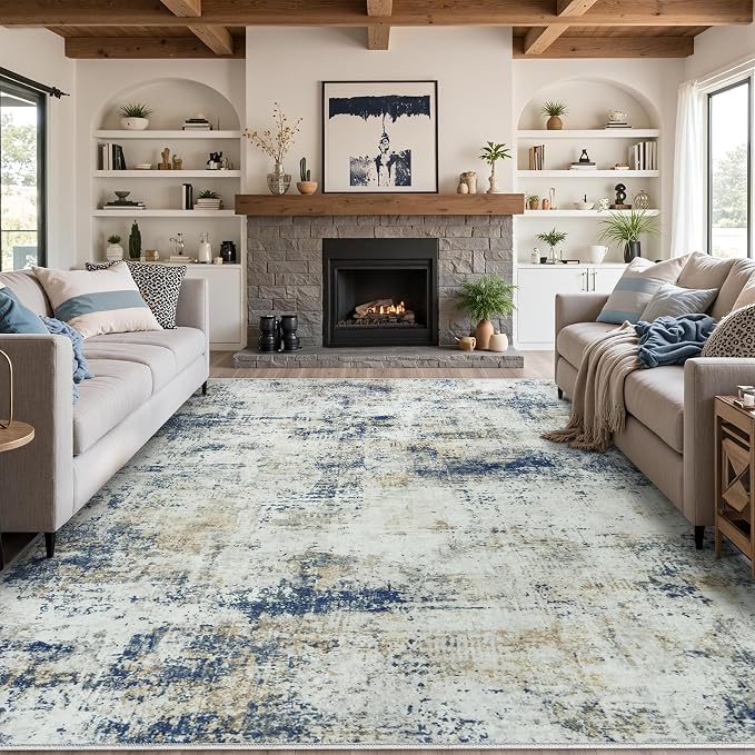Tosuoka 8x10 Area Rugs for Living Room Abstract Washable Blue Brown Rug | With Anti-Slip Backing，Non-Shedding，Stain-Resistant，Soft Modern Large Carpet for Bedroom Dining Room Farmhouse Nursery