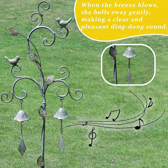 Decorative Garden Stakes for Outside,Metal Outdoor Garden Decor with Bells | 45.7"H Wind Chime Stakes for Outside,Bird Metal Garden Art for Garden,Flower Beds, Patio.