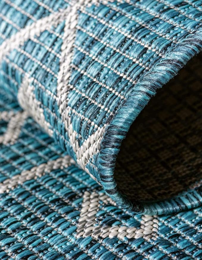 Unique Loom Outdoor Trellis Collection Area Rug - Tribal Trellis (3' 3" x 5' 3" Oval, Teal/ Ivory)