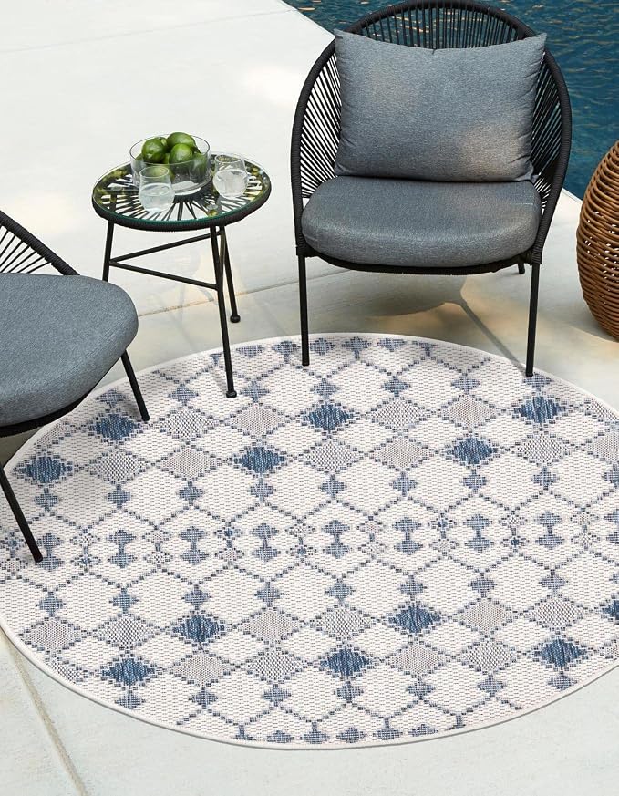 Unique Loom Outdoor Trellis Collection Area Rug - Traliccio (10' Round, Ivory/ Navy Blue)