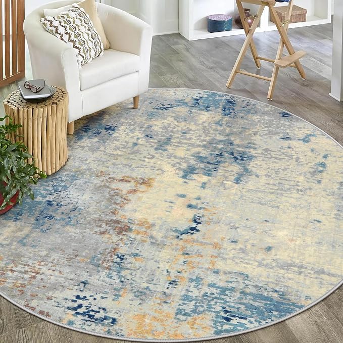 Lahome Modern Abstract Round Rug - 6Ft Large Blue Living Room Rug Washable 6x6 Circle Rugs for Bedroom Dining Room, Contemporary Indoor Office Carpet for Entryway Kitchen Table Home Nursery