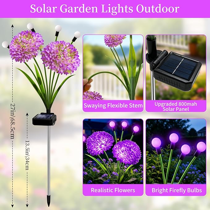 VOOKRY Solar Flowers Outdoor Waterproof, 8 Pack Purple Garden Lights with Swaying Firefly Lights, Flower Light Garden Decor for Yard Patio Pathway Lawn Grave, Gardening Gifts for Women Birthday