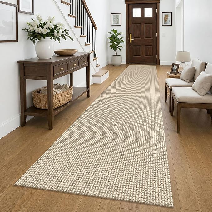 KOZYFLY Braided 2.5'x16' Runners Rugs for Hallway, Extra Long Washable Runner Rug, Woven Non Slip Kitchen Runner, Cotton Entryway Rug, Floor Carpet for Entry, Aisle, Hall, Ivory/Camel/Brown