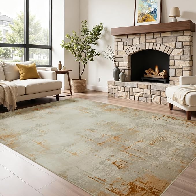 Joydeco 5x7 Area Rugs for Living Room, Washable Modern Abstract Non Slip Soft Rug, Low Pile Carpet for Bedroom, Dining Room, Home Office, Pet & Child Friendly, Light Brown & White&Beige