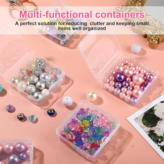 SATINIOR 100 Pcs Clear Plastic Beads Storage Containers Box Small Clear Boxes with Hinged Lid Plastic Arts Case Mini Square Crafts Storage Organizers for Small Items (2.9 x 2.9 x 1 Inch)