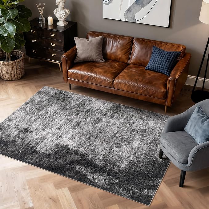 DMOYEST 6x9 Area Rug for Living Room Washable Abstract Indoor Carpet | Neutral Modern Low Pile Rugs Kid & Pet Friendly Soft Thin Carpet for Bedroom Dining Room and Office - Dark Grey