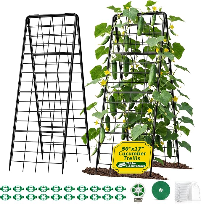 Heavy Duty 2 Pack 50"x17" Adjustable A-Frame Trellis for Climbing Plants Outdoor, Metal Rust-Proof Garden Trellis, Dense Grid Climbing Frame Trellis for Raised Beds, Cucumber, Tomatoes Outdoor