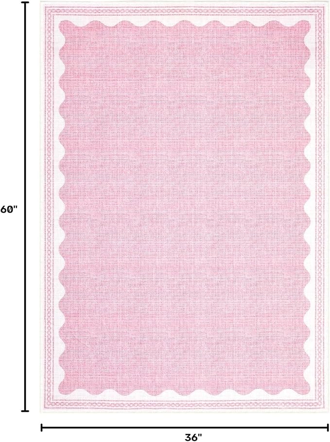 3x5 Scalloped Area Rugs Pink Washable Entryway Bedroom Rug | Solid Tan Rug for Bedroom Girls, Non Slip Throw Carpet With Rubber Back, Soft Dorm Nursery Scalloped Rugs for Dining Room