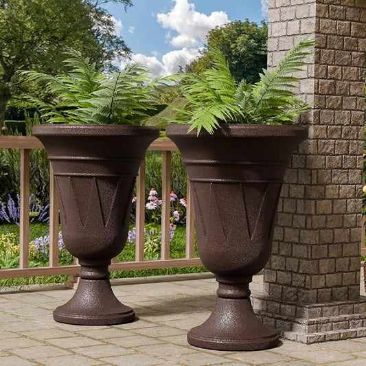 23.6" Tall Plastic Urn Planters for Outdoor Plants, Set of 2 Heavy-Duty Classic Indoor Large Flower Pots with Drainage Holes & Trophy Design, Outdoor Planters for Porch, Home Garden, Brown