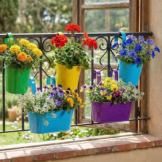 16 Pcs Hanging Flower Pots Planters for Outdoor Metal Iron Wall Flower Planter Baskets for Railing Fence Balcony Garden Yard Home Indoor Decoration with Detachable Hooks (Colorful)