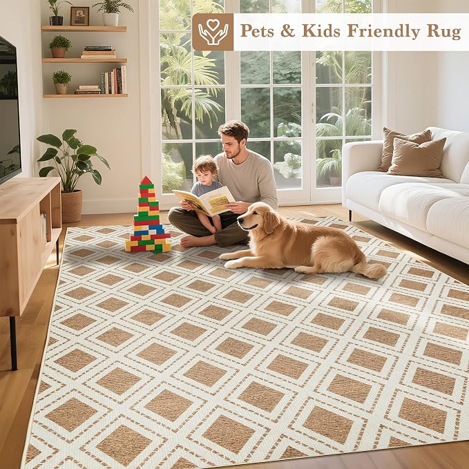 LBRO2M Machine Washable Rug Soft Pet Friendly Carpet 8X10 Brown | Checkered Rug 8X10 for Living Room, Bedroom, Dining Room, Home Office, Non Slip Carpet, Foldable Stain Resistant Rugs