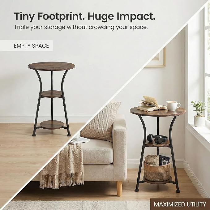 Dulcii Small Round End Table for Narrow and Small Space, 3-Tier Round Accent Couch Beside Table, Modern Side Table Corner Sofa Table Nightstand for Living Room Bedroom