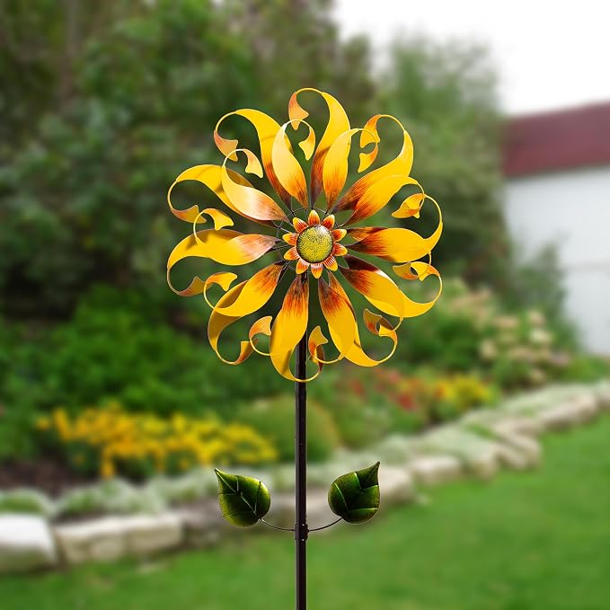 Evergreen Garden 75" H Sunflower Statement Wind Spinner Garden Décor and Accessories for Home and Yard (Spiral Sunflowerl)