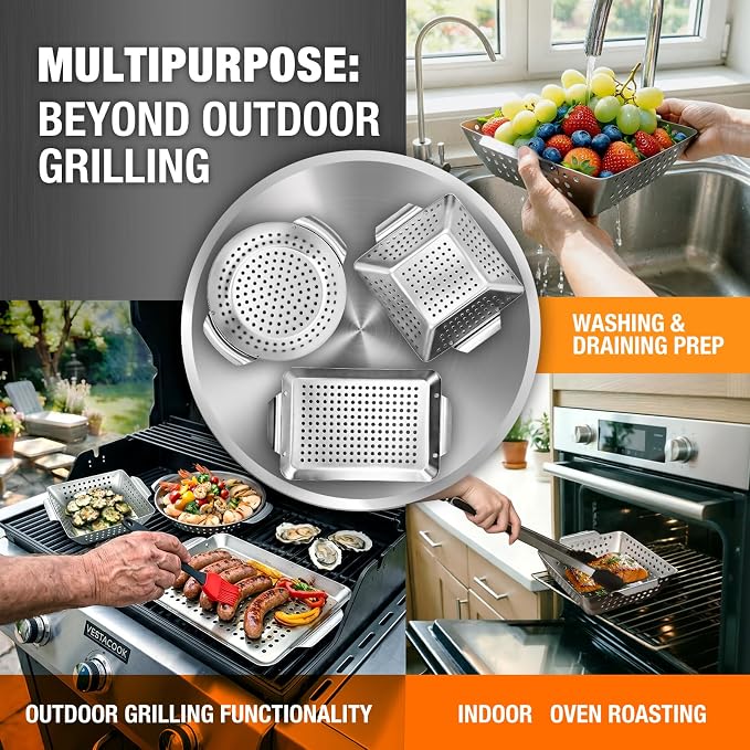 3 Piece Stainless Steel Grill Basket Set with Basting Brush, Heavy Duty Small Vegetable Grill Basket for Outdoor Grill - Perforated Compact BBQ Grill Pan & Wok Accessories for Gas, Charcoal, Veggies
